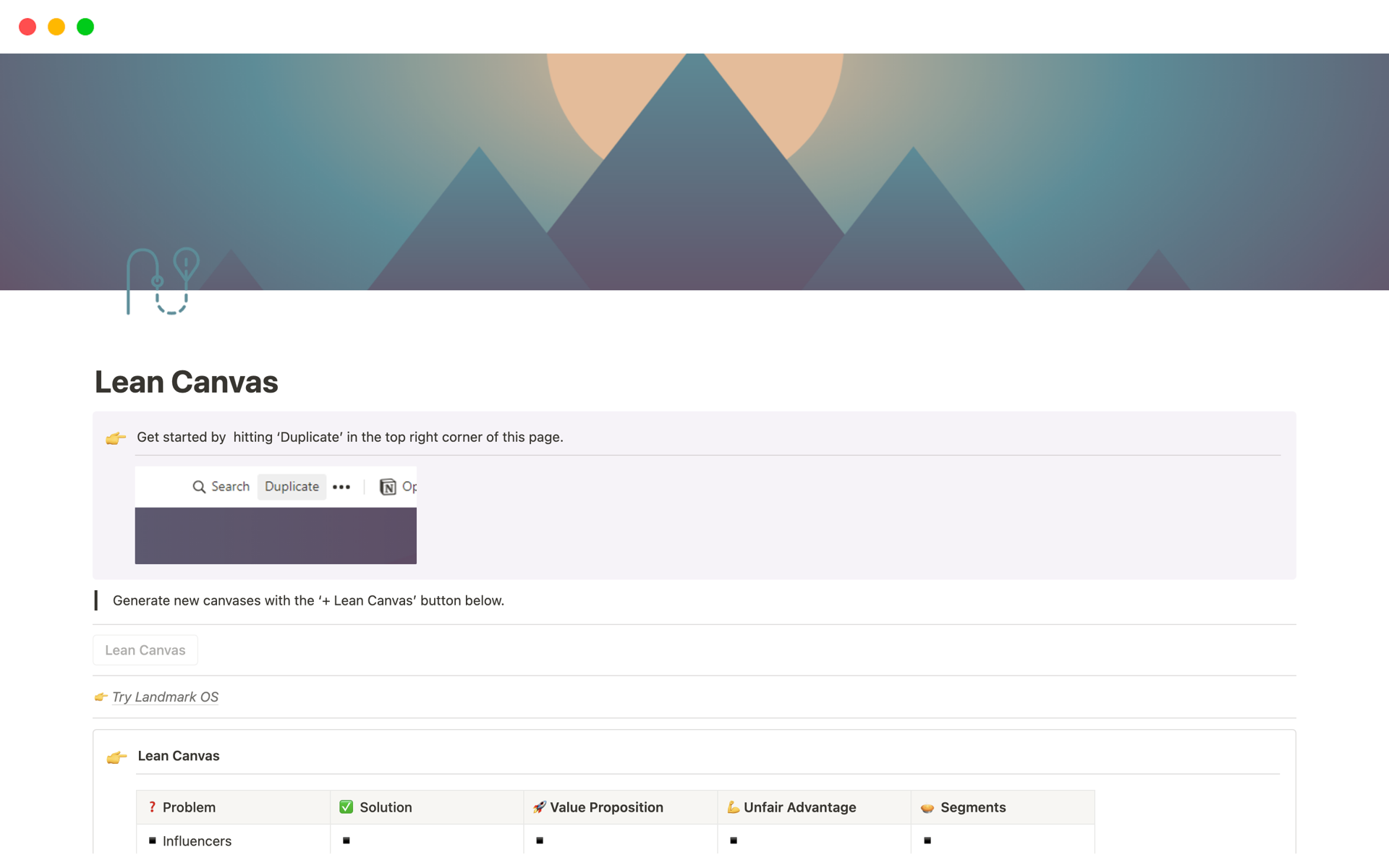 A template preview for Lean Canvas